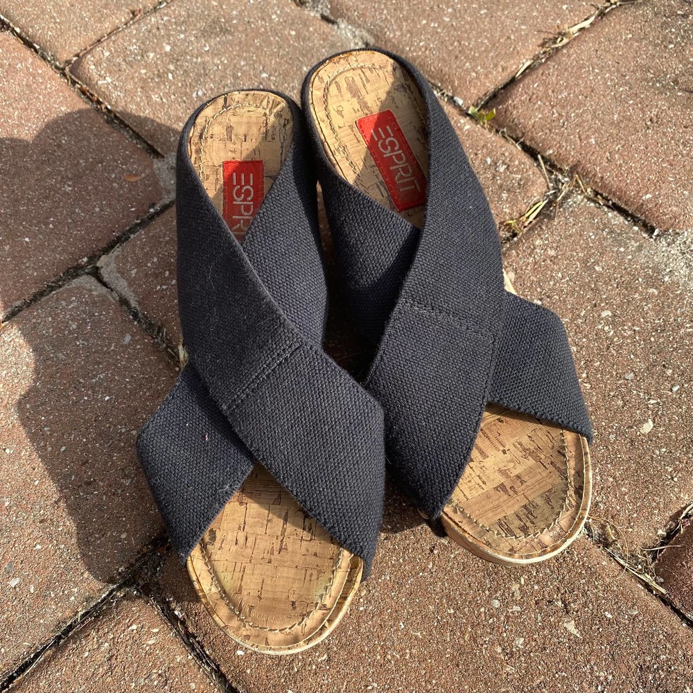 Esprit Oceane wide x-strap elastic studded wedge sandals Womens